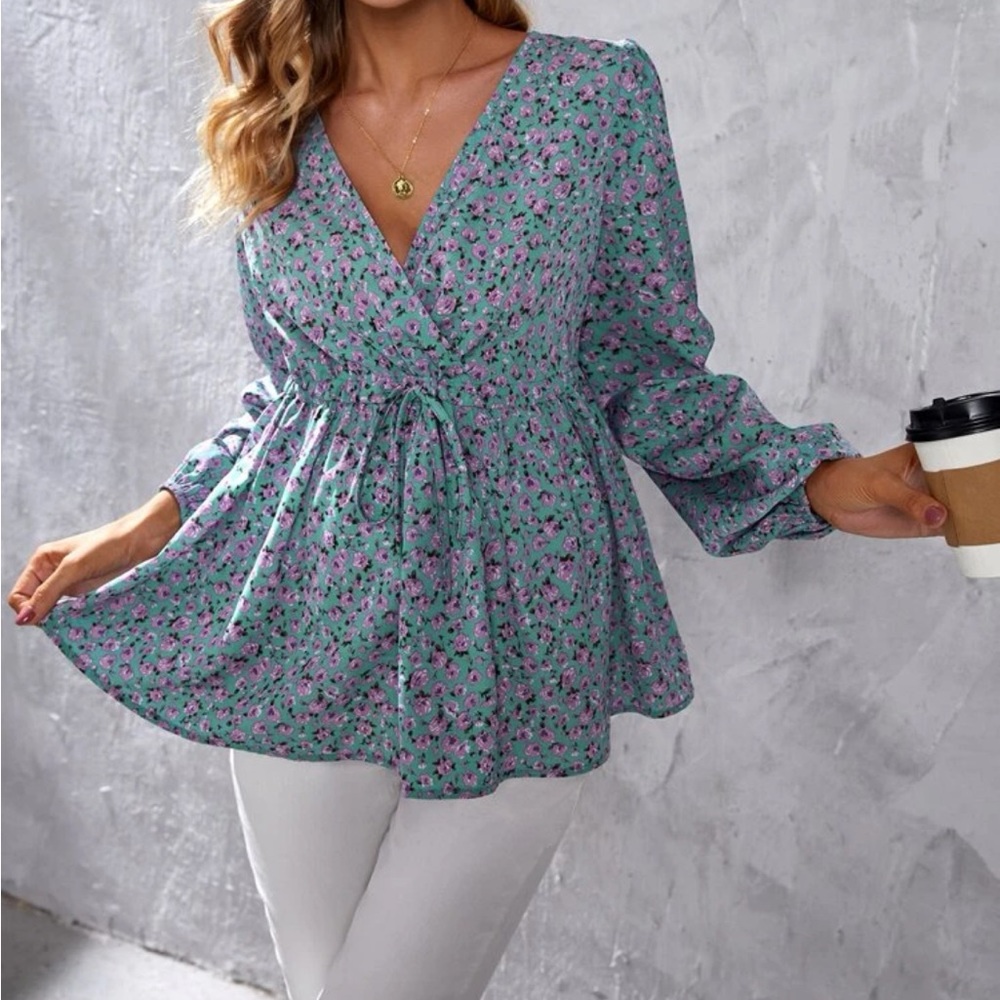 Overlap Collar Lantern Sleeve Blouse